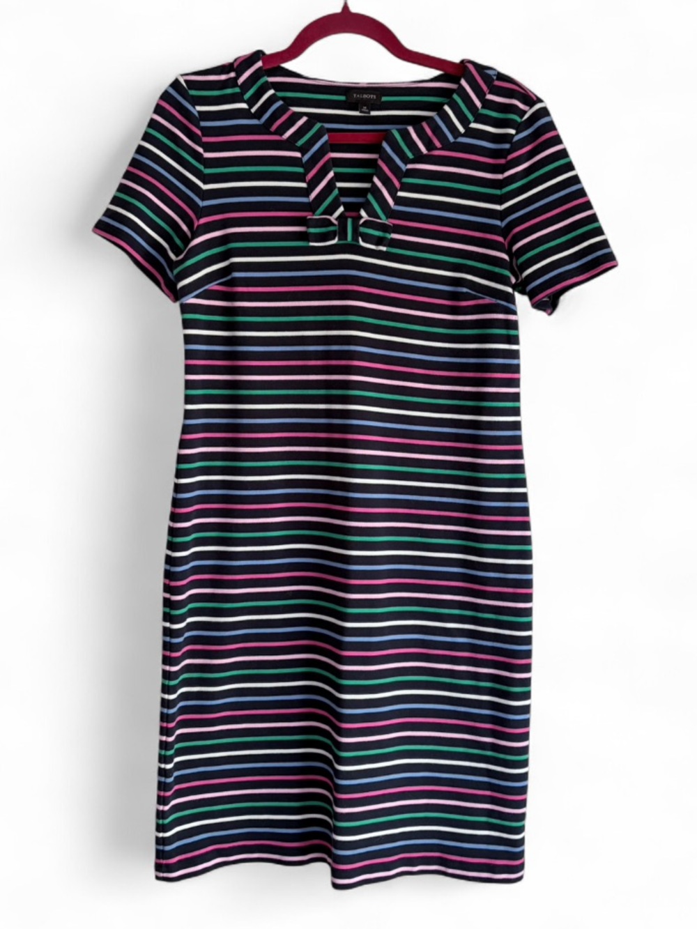 Talbots 100% Cotton Striped Short Sleeve Knit Midi Dress With Bow Size M - Picture 1 of 5